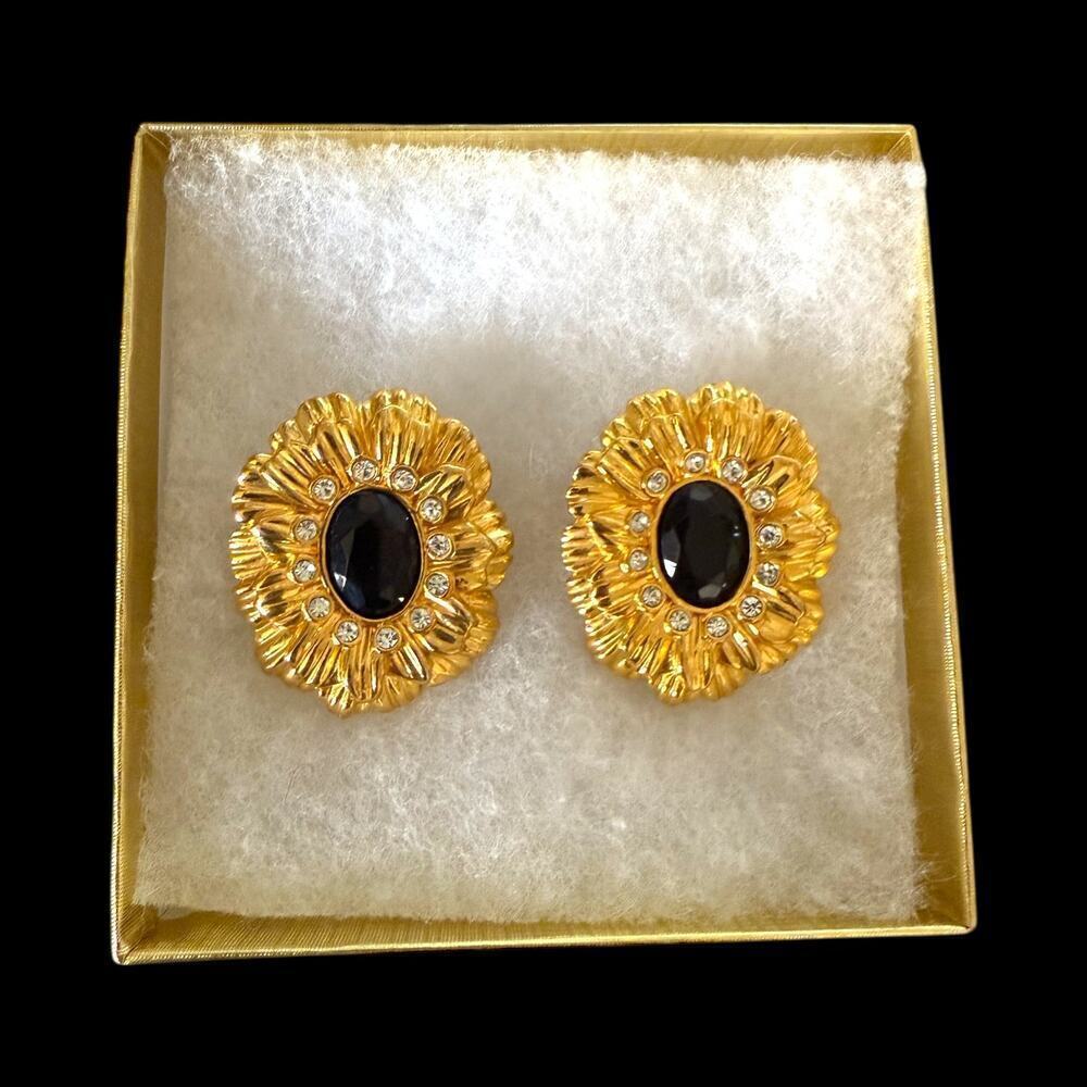 Vintage Kenneth Jay Lane Avon Sunflower Earrings Clip Signed Black Gold KJL - Picture 9 of 10
